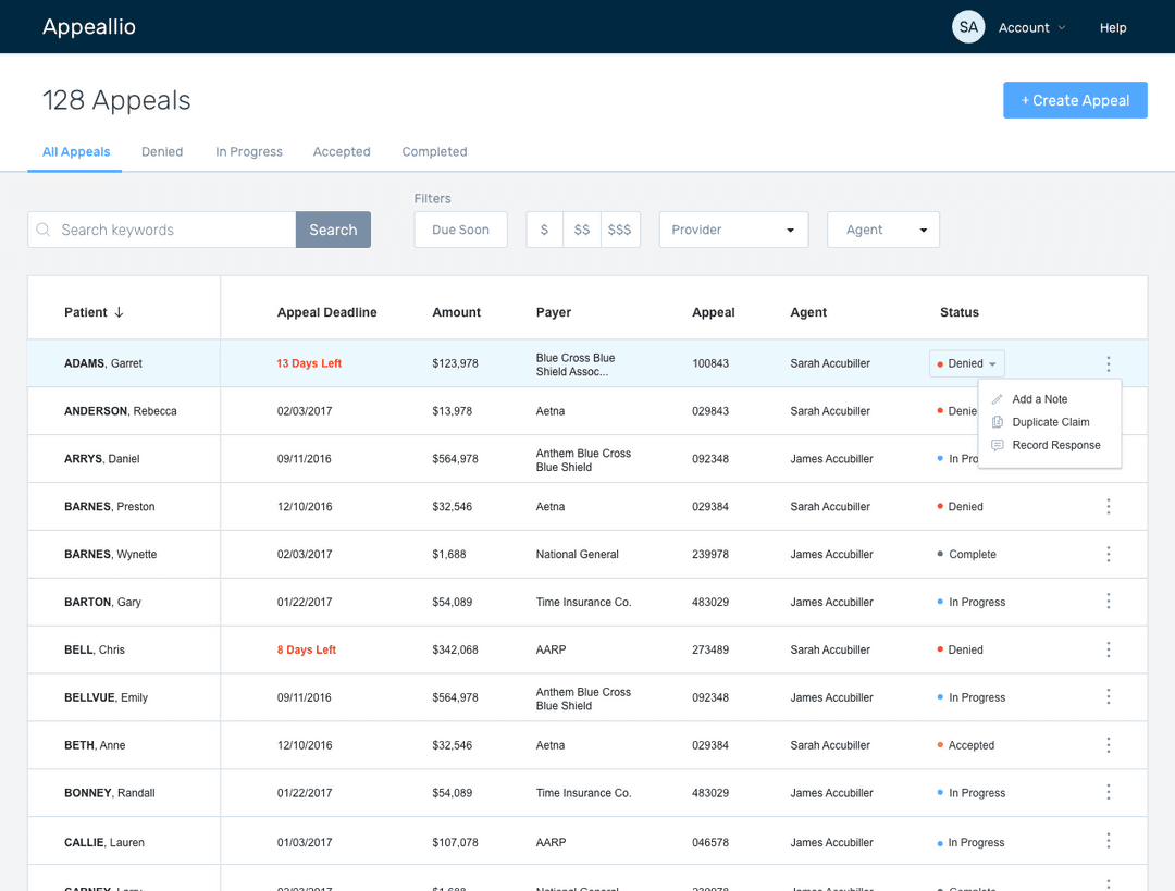 Appealio's appeals management dashboard displaying a prioritized list of insurance appeals with sorting options, monetary values, deadlines, and success probability indicators