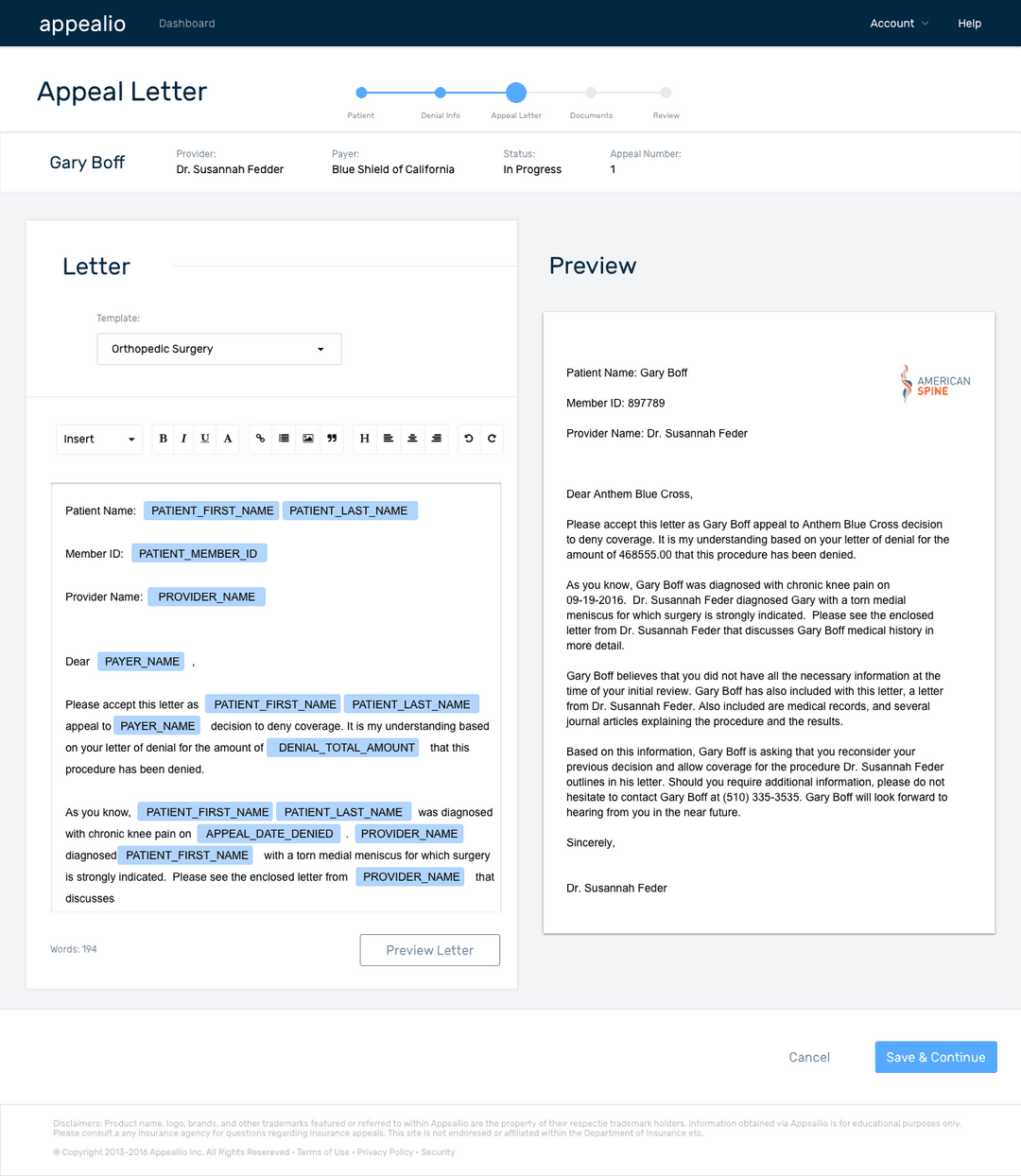 Appealio's split-screen interface showing an editable appeal letter template on the left with form fields for patient data and a formatted preview of the final letter on the right