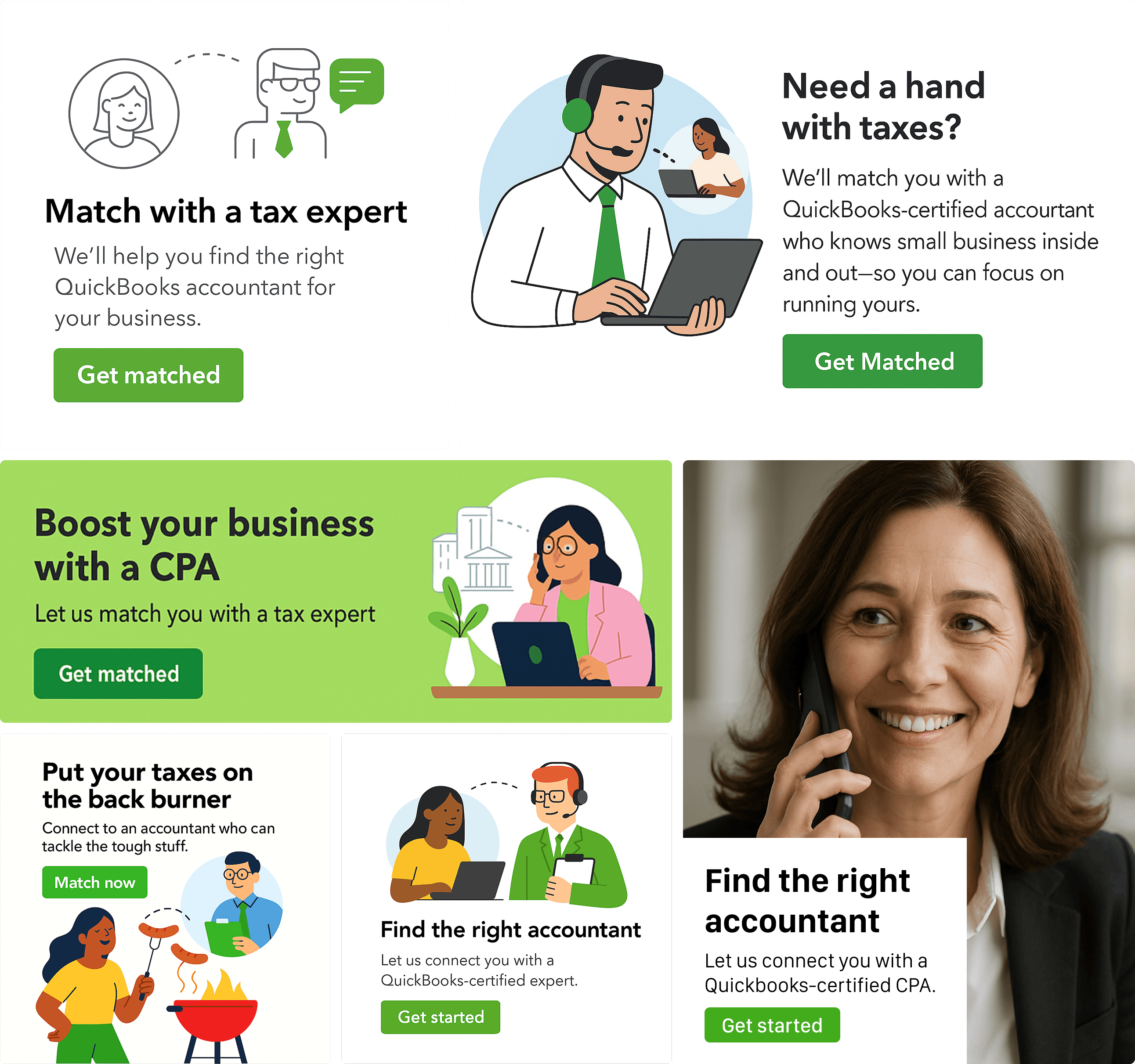 Multiple design variations of the QuickBooks dashboard advertisement promoting CPA matching services, showing different visual layouts and messaging tested to improve click-through rates