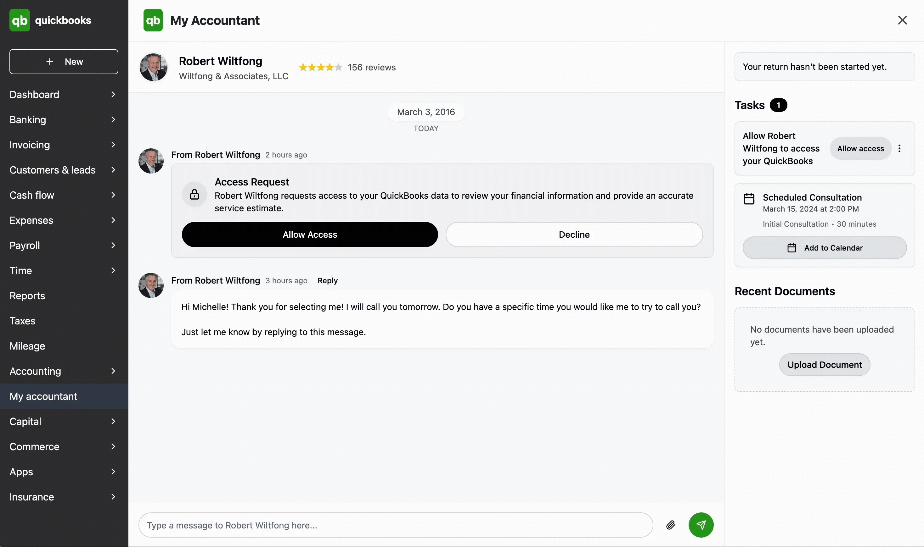 QuickBooks integrated messaging and task management interface showing the communication system between business owners and CPAs with conversation history and action items