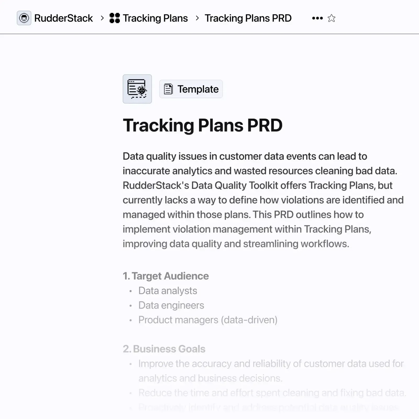 A PRD for tracking plans that a designer wrote.
