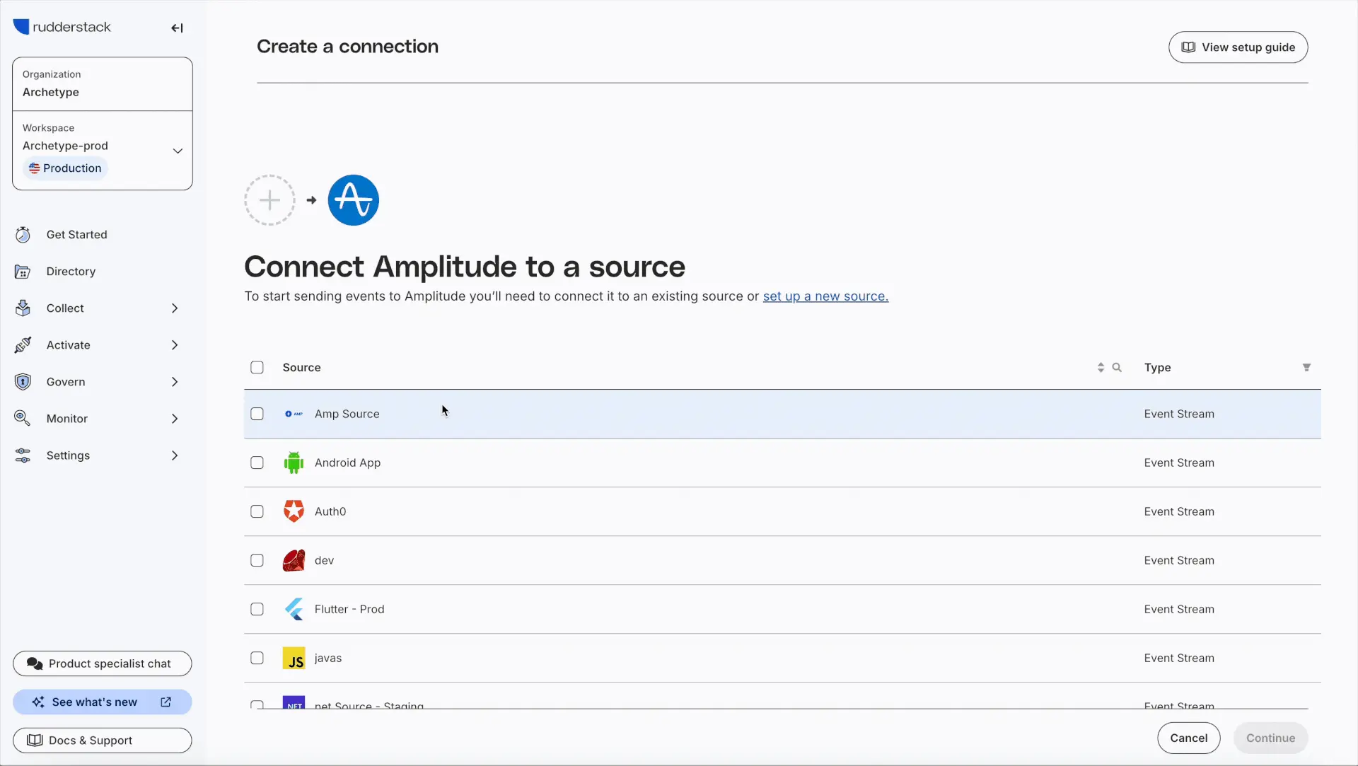 Simplified data connection interface showing only essential fields: source selection, destination name, API key input, and connection mode toggle
