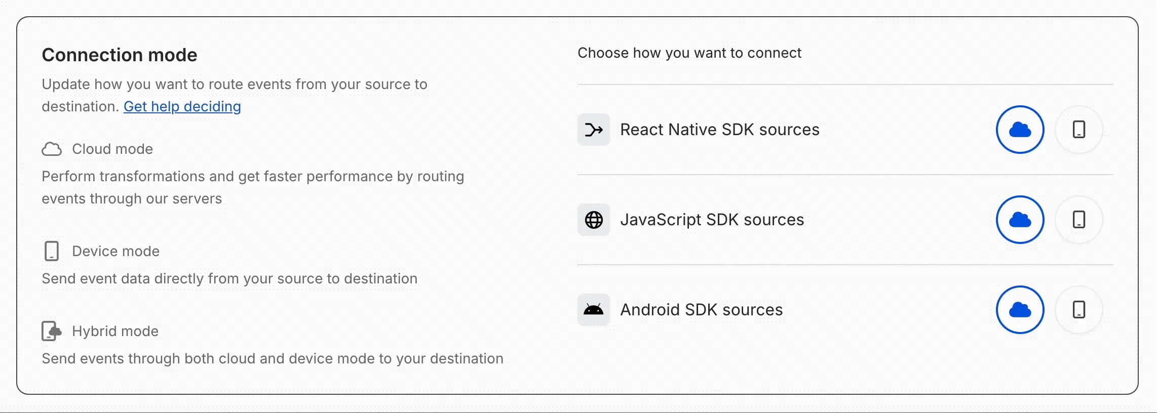 Connection Mode selection interface showing Cloud Mode and Device Mode options with detailed explanations of how each affects data routing and privacy