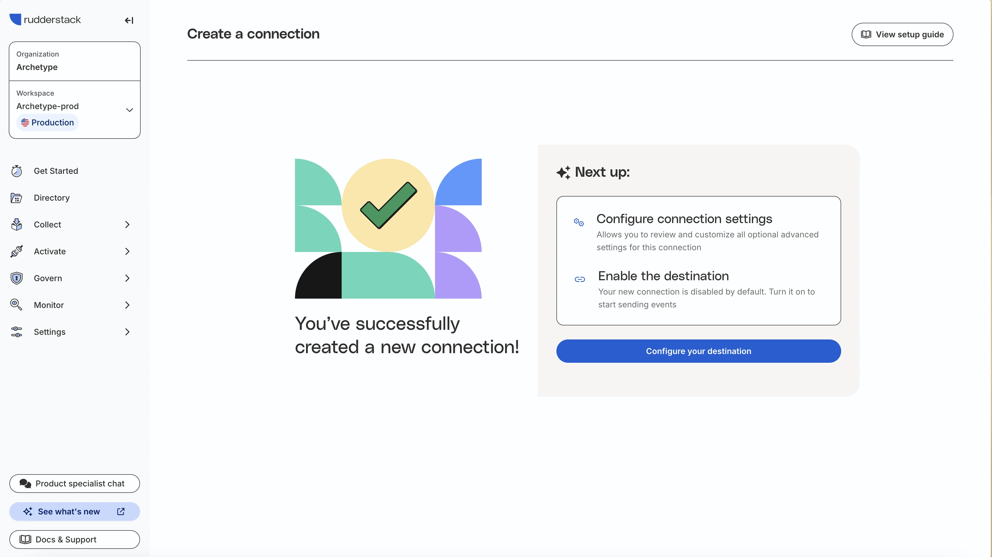 Success confirmation screen showing destination created but disabled by default, with clear next steps for configuration and enabling data flow